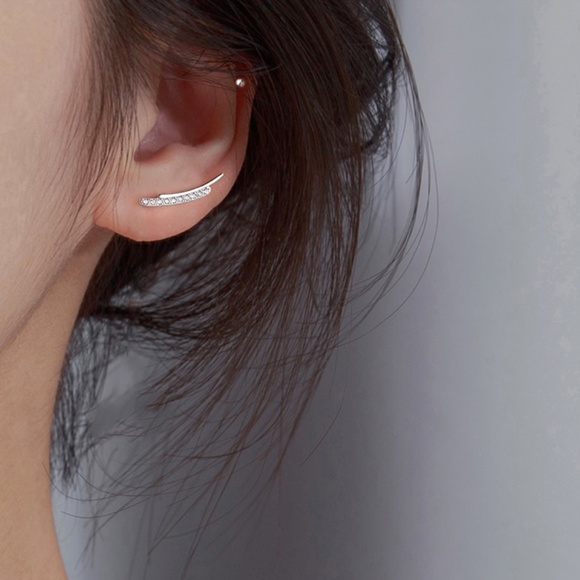 S925 Curved Rhinestone Minimalist Earrings - Picture 1 of 13